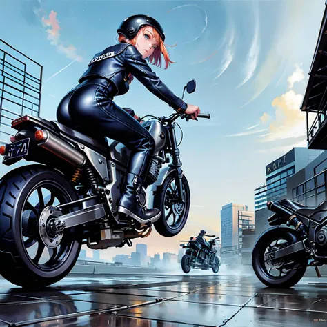 original painting,  novel illustration,  masterpiece, best quality, ultra-detailed, illustration,1girl,  solo,  leather suit, motor ,  16 years old,  on motorcycle,  motor racing, floating hair , mary_janes, back focus , motor suit, sky, cloud,  (expressio...