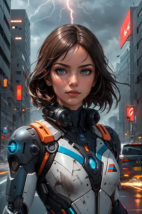 a woman in a futuristic suit standing in the middle of a city