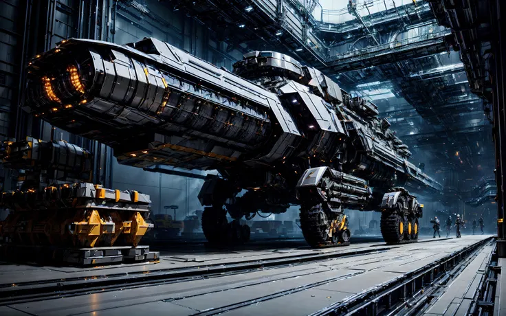 spaceship in a hangar with a train on the tracks