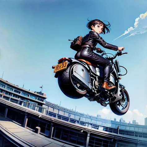 original painting,  novel illustration,  masterpiece, best quality, ultra-detailed, illustration,1girl,  solo,  leather suit, riding on  flying motorcycle,  16 years old,  floating,  maglev motorcycle, pixie bob, depth of field , motor suit, cloud, coverin...