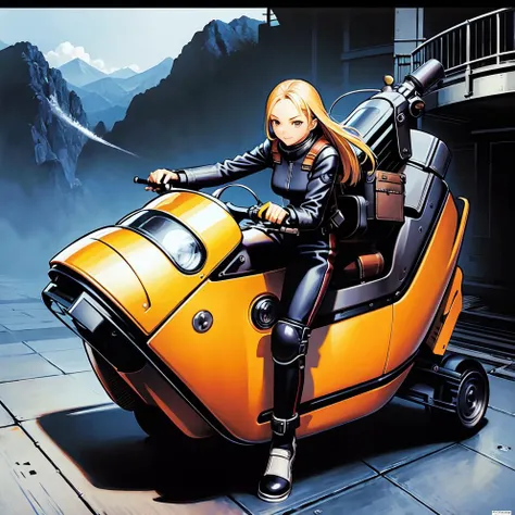 original painting,  novel illustration,  masterpiece, best quality, ultra-detailed, illustration,1girl,  solo,  leather suit, riding on  flying motorcycle,  16 years old,  floating,  maglev motorcycle, low-tied long hair, foreshortening , motor suit, cloud...