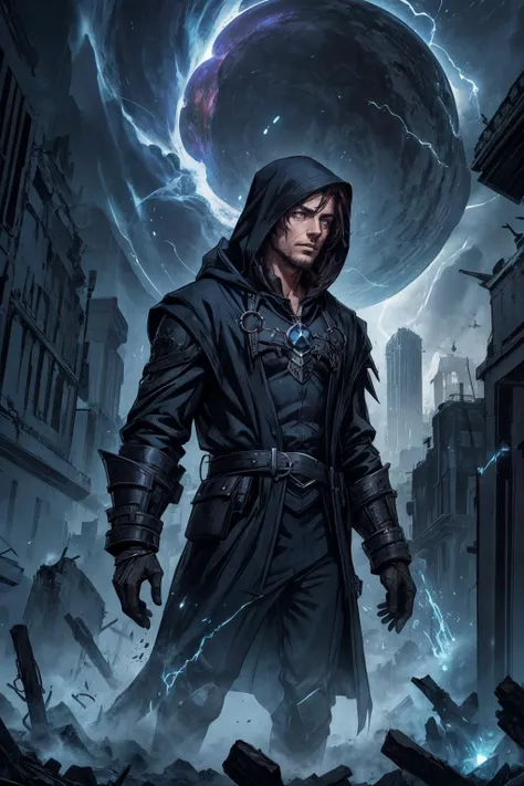 a man in a hoodedie standing in front of a city