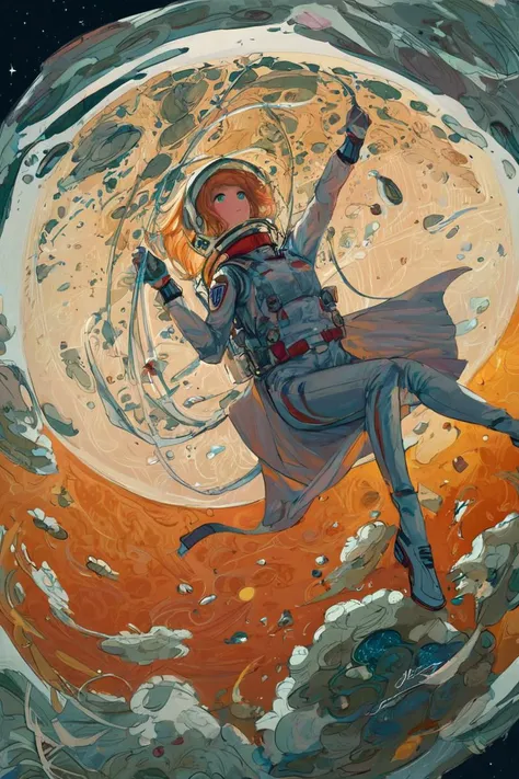 a painting of a woman in a space suit floating in a space