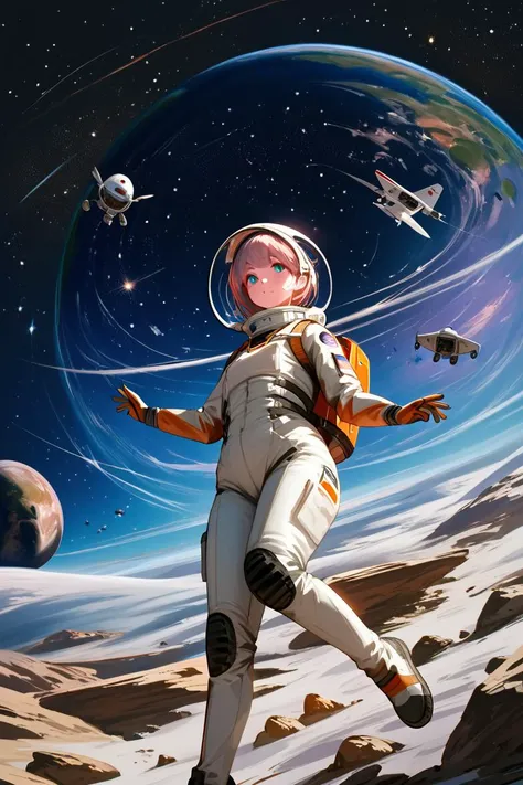 astronaut in space suit with spaceships and planets in background