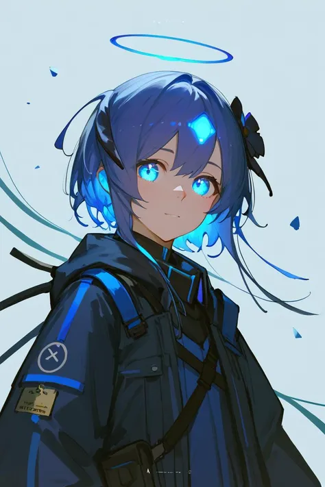 a close up of a person with blue hair and a backpack