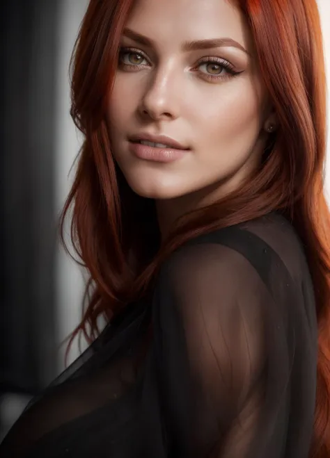 a close up of a woman with red hair and a black shirt