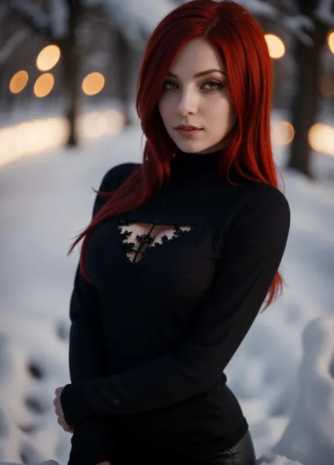 a close up of a woman with red hair standing in the snow