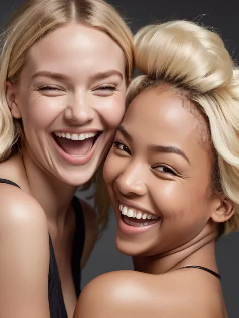 african american woman laughing with other blonde woman,in the style of patricia piccinini,minimal retouching,alain laboile,slumped/draped,close up,playful poses,85mm lifestyle style photo of a smiling,<lora:nudify_xl:0.25> topless,, best quality, masterpi...