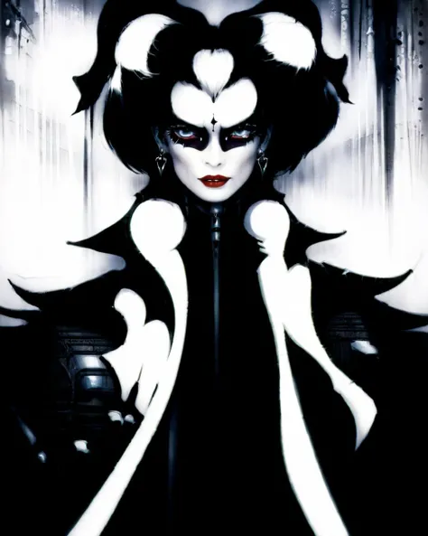 Cruella de Vil (disney, 101 dalmations), black spots on white coat, black spots (dripping:1.3) like blood, mean superior look in her eyes, Anime style photo, Manga style, Digital art, glow effects, dark, atmospheric cinematic, sensual, lustful, humorous il...