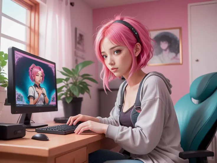 a manga-style illustration of a cute young woman with pink hair, focused on playing games on her PC in her bedroom, (manga:1.4), (anime aesthetic:1.3), influenced by Hayao Miyazakis art style, vibrant colors, exaggerated expressions, detailed background