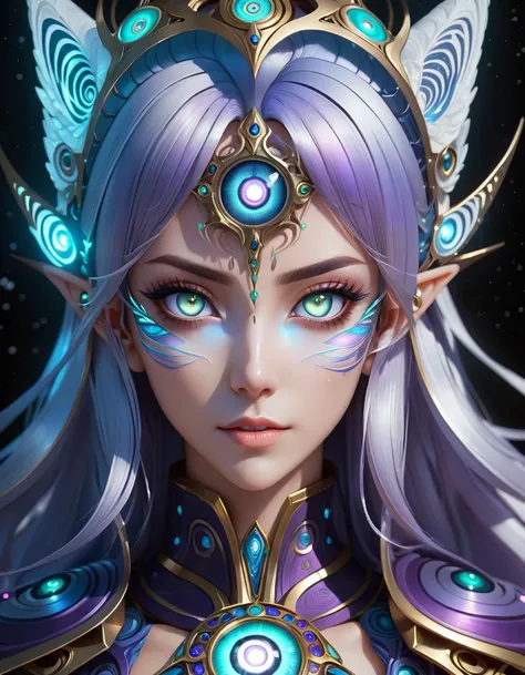 Anime, Galactic Sorceress, glowing sclera, hypnotic eyes, ultra detailed, fullbody.