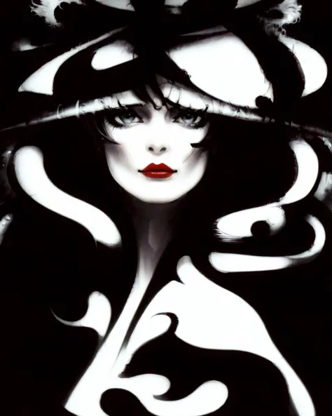 Cruella de Vil (disney, 101 dalmations), black spots on white coat, black spots (dripping:1.3) like blood, mean superior look in her eyes, Anime style photo, Manga style, Digital art, glow effects, dark, atmospheric cinematic, sensual, lustful, humorous il...