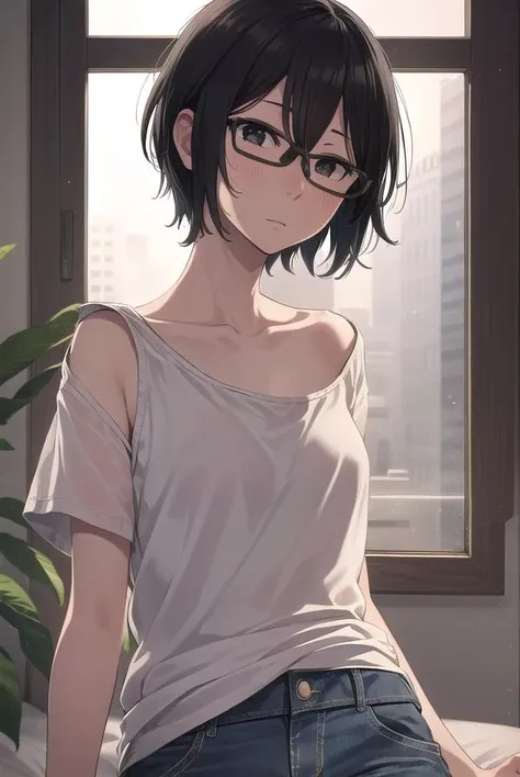 sachinanjou, <lora:sachi nanjou manga-lora-nochekaiser:1>,
sachi nanjou, black hair, (black eyes:1.5), glasses, short hair, hair between eyes,
BREAK short, collarbone, short sleeves, shorts, denim,
BREAK indoors, bed,
BREAK looking at viewer, (cowboy shot:...