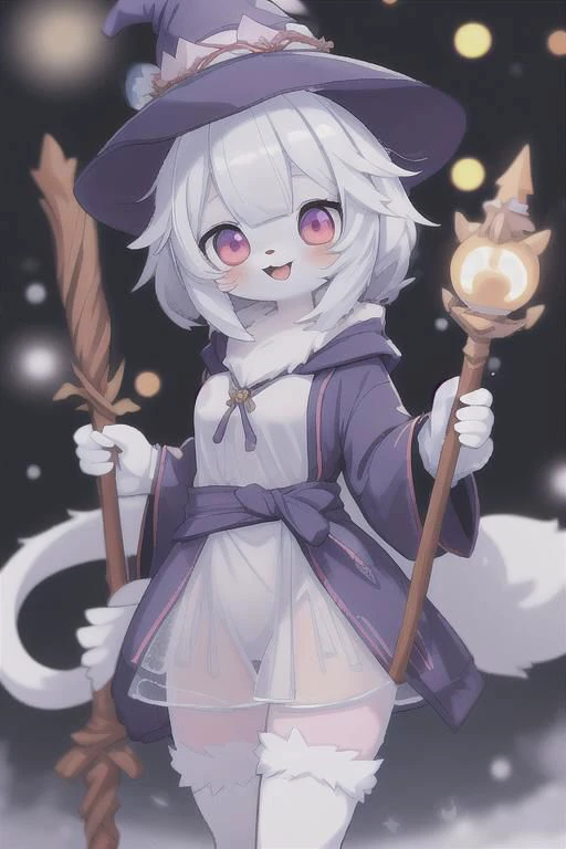 anime, cute furry girl, wizard hat, robe, thigh-highs, holding ancient staff, happy, midnight, bloom, ambient occlusion, glow, glowing lights, light particles, transparent, translucent, bokeh, depth of field, snow, wind