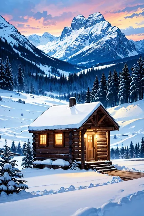 a painting of a cabin in the snow with mountains in the background