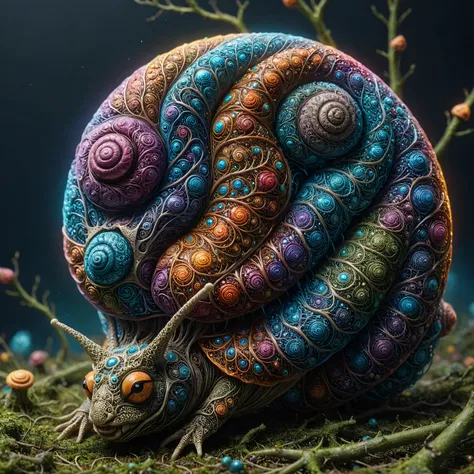 fantasy glowing colorful snail spiral, blinking, highly detailed, photorealistic, complex structure, many details, (fantasy glowing moss) <lora:SDXLral-braynclz-sdxl>