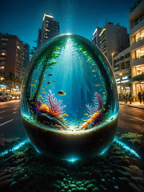 An oval-shaped glass encapsulating a serene, underwater coral reef scene, placed in the middle of a busy urban street at night, highlighting the contrast between the calm, colorful marine life and the dynamic, neon-lit city environment, with ultra high-res...