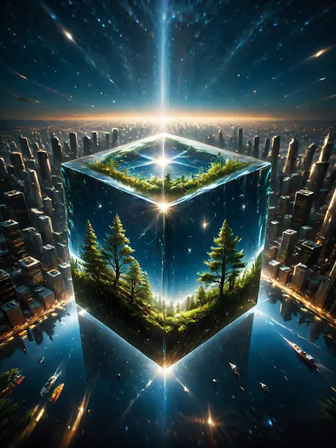 A glass cube showcasing a peaceful, starry night sky, floating in the midst of a chaotic, daytime stock exchange floor, offering a stark contrast between the tranquil cosmic beauty and the frenzied, bustling financial environment, rendered in hyper-detaile...