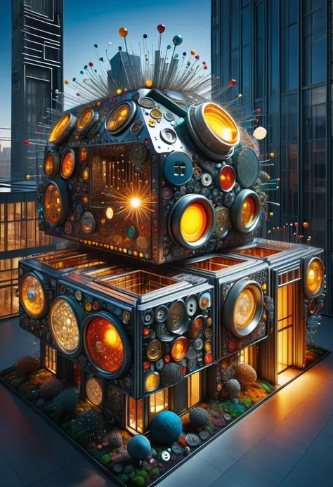 hyper detailed masterpiece, dynamic, awesome quality,DonMN33dl3P1ll0wXL immersive megalopolis center, metal cladding,quantum computing building brains, solar-powered lights, pin spot lighting   <lora:DonMN33dl3P1ll0wXL:1>