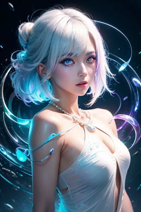 ((upper body)), best quality, masterpiece, a Japanese woman with ((Luminescence white hair)), ((detailed pearl blue eye)), high detailed goddess soul, focus on character, solo, (style swirl magic), solo, from front, front view, looking at viewer, detailed ...