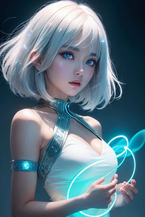 ((upper body)), best quality, masterpiece, a Japanese woman with ((Luminescence white hair)), ((detailed pearl blue eye)), high detailed goddess soul, focus on character, solo, (style swirl magic), solo, from front, front view, looking at viewer, detailed ...