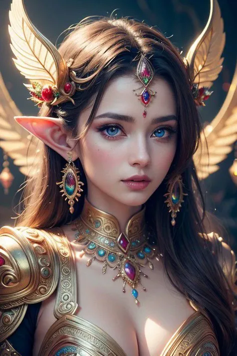 (Best quality, 4k, High-resolution, Masterpiece:1.2), Ultra-detailed, Realistic, Radiant lighting, Epoch Elves, Portraits, Fantastical colors, Fine art, Ethereal beings, Dreamlike, Whimsical creatures, Detailed facial features, Glowing eyes, Elven beauties...