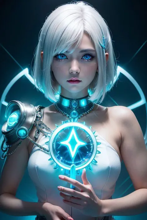 ((upper body)), best quality, masterpiece, a Japanese woman with ((Luminescence white hair)), ((detailed pearl blue eye)), high detailed goddess soul, focus on character, solo, (style swirl magic), solo, from front, front view, looking at viewer, detailed ...