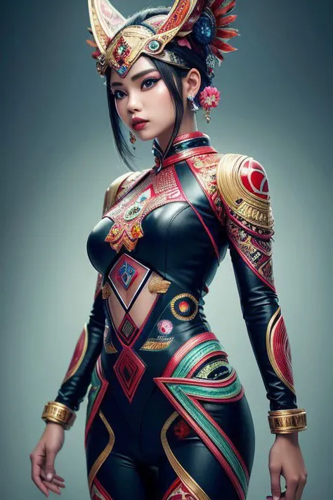 An Indonesian-styled futuristic suit worn by a girl depicting cultural fusion and modern fashion. The suit is adorned with intricate patterns and vibrant colors, showcasing the rich heritage of Indonesia. The girl stands confidently in a dynamic pose, with...