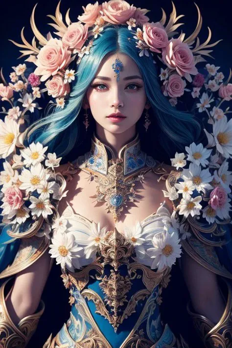 a woman with blue hair and flowers in her hair