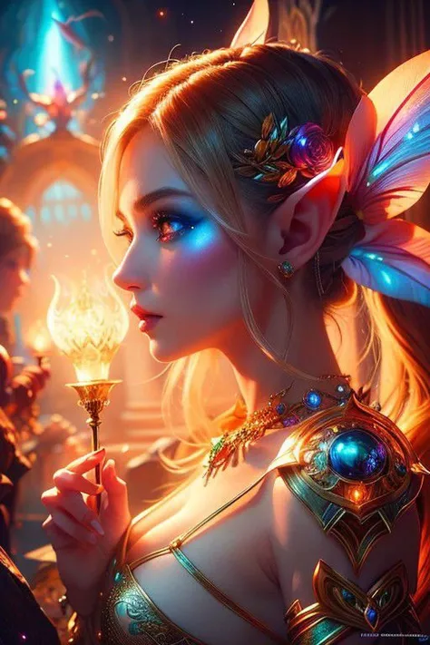 (Best quality, 4k, High-resolution, Masterpiece:1.2), Ultra-detailed, Realistic, Radiant lighting, Epoch Elves, Portraits, Fantastical colors, Fine art, Ethereal beings, Dreamlike, Whimsical creatures, Detailed facial features, Glowing eyes, Elven beauties...