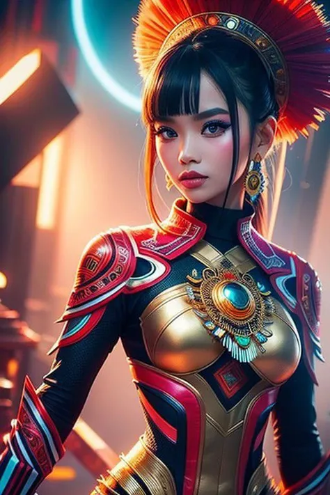 An Indonesian-styled futuristic suit worn by a girl depicting cultural fusion and modern fashion. The suit is adorned with intricate patterns and vibrant colors, showcasing the rich heritage of Indonesia. The girl stands confidently in a dynamic pose, with...