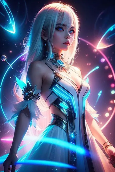 ((upper body)), best quality, masterpiece, a Japanese woman with ((Luminescence white hair)), ((detailed pearl blue eye)), high detailed goddess soul, focus on character, solo, (style swirl magic), solo, from front, front view, looking at viewer, detailed ...