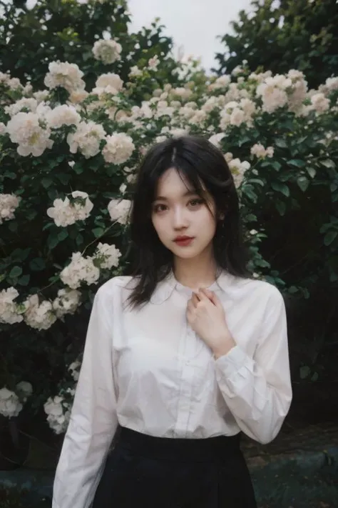 a woman in a white shirt and black skirt standing in front of a bush