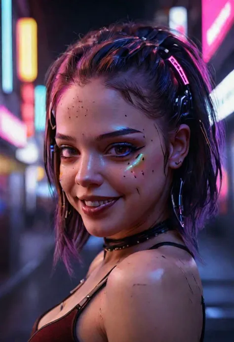 a woman with makeup and piercings standing in a city at night