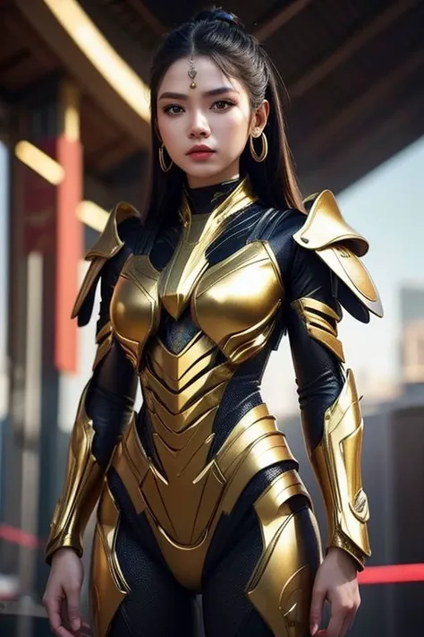 a woman in a gold and black costume standing in front of a building