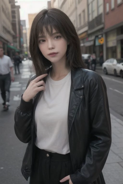 a woman in a white shirt and black jacket standing on a city street