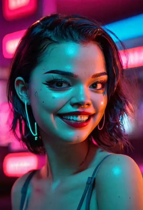 a woman with dark hair and bright makeup in a neon neon room