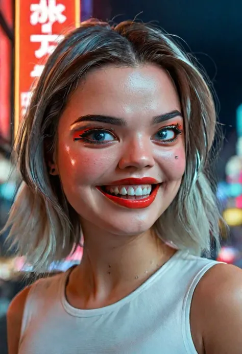 a woman with a red lipstick and a white tank top