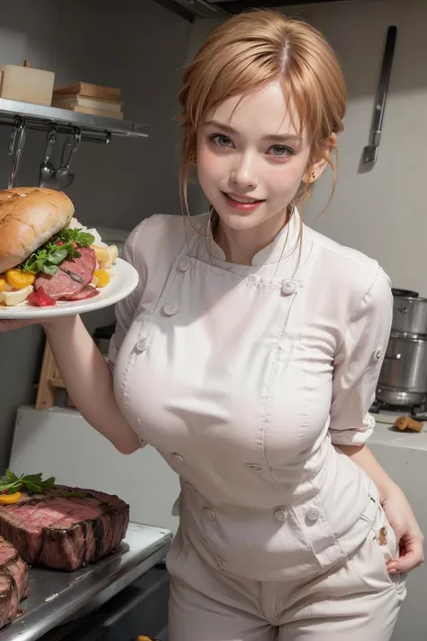 woman in white apron holding a plate of food in a kitchen