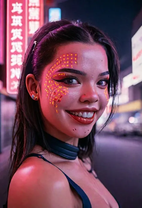 a close up of a woman with a neon face paint on