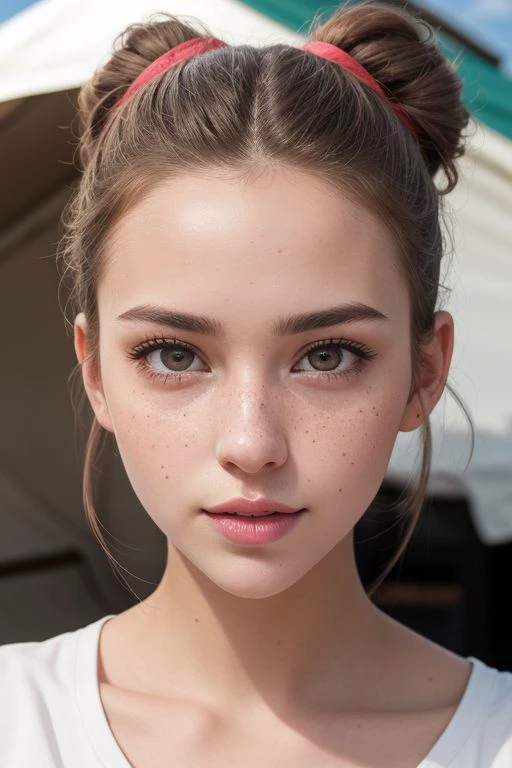 a close up of a woman with a bun in her hair