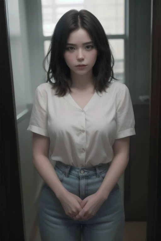 a woman standing in a hallway with her hands in her pockets