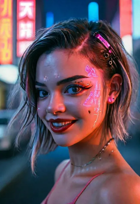 a woman with neon makeup and a pink dress in the street