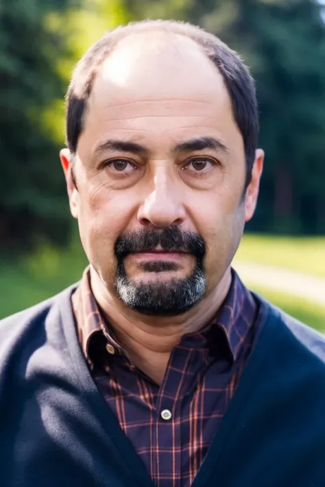 a close up of a man with a beard and a sweater