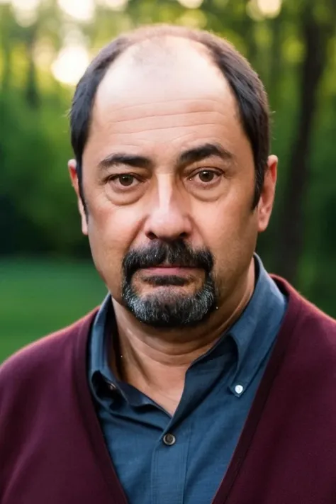 a close up of a man with a beard and a sweater