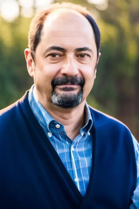 a close up of a man with a beard and a blue vest