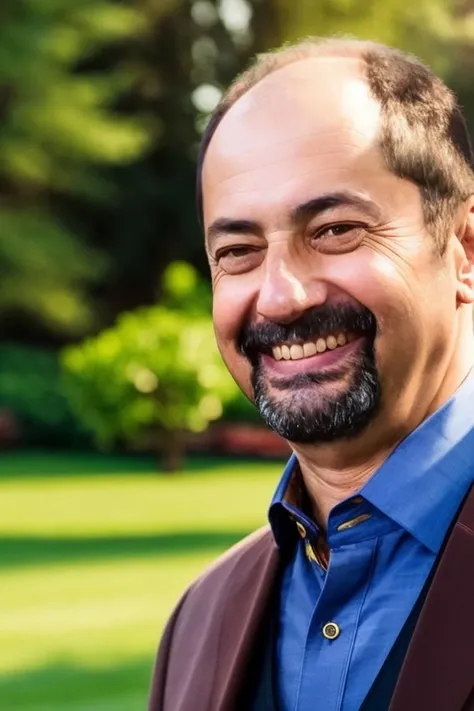 smiling man in a blue shirt and brown jacket in a park