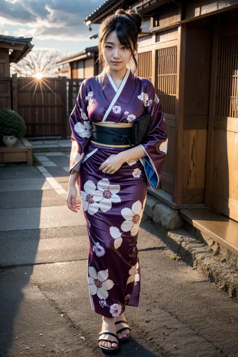 arafed woman in a kimono walking down a street