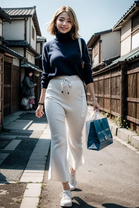 a woman walking down a street carrying shopping bags