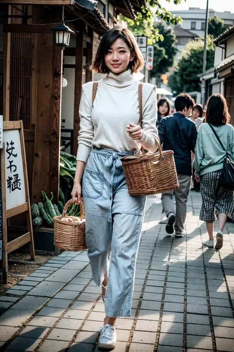 a woman walking down a street carrying a basket and a basket